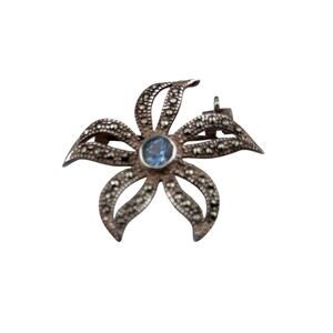 Small Flower Sterling Silver Brooch Marcasite & Topaz